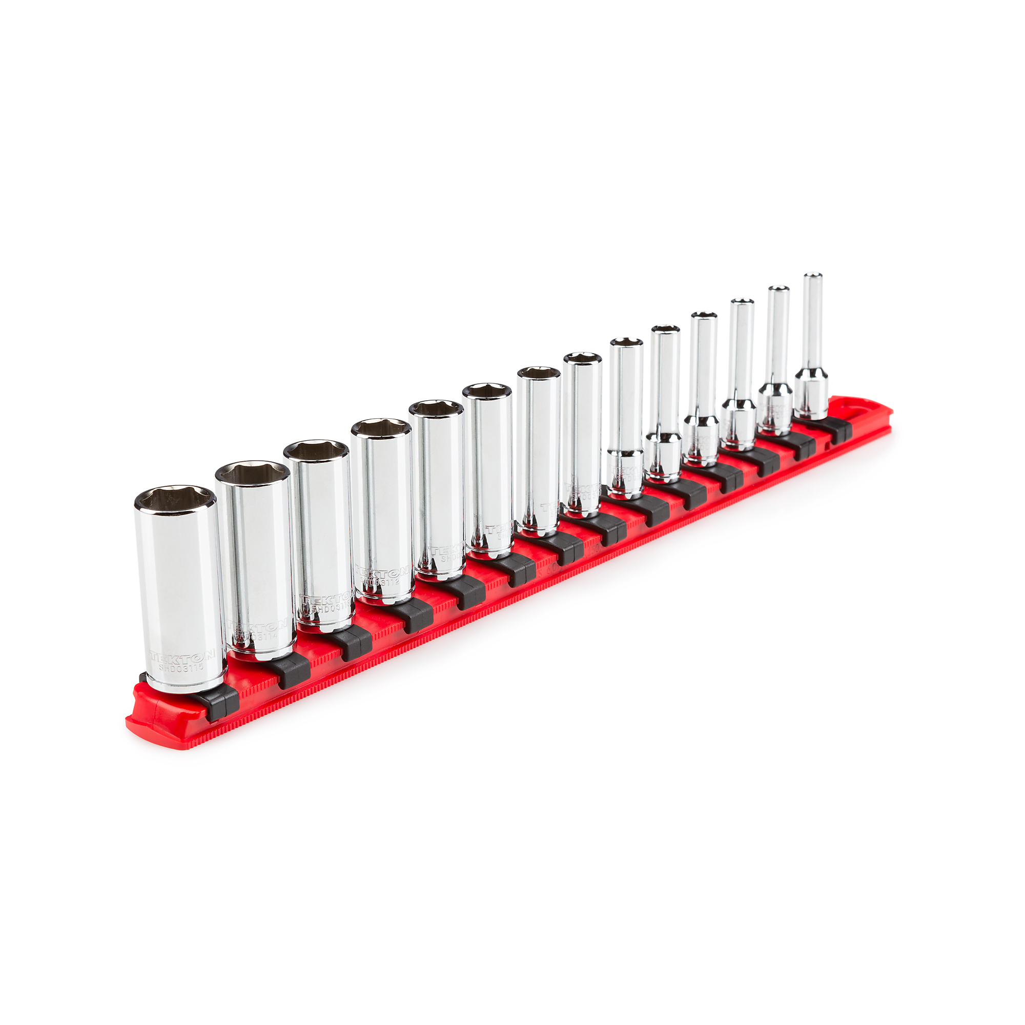 TEKTON 1/4 Inch Drive Deep 6-Point Socket Set with Rail, 14-Piece (4 - 15 mm) | SHD90113